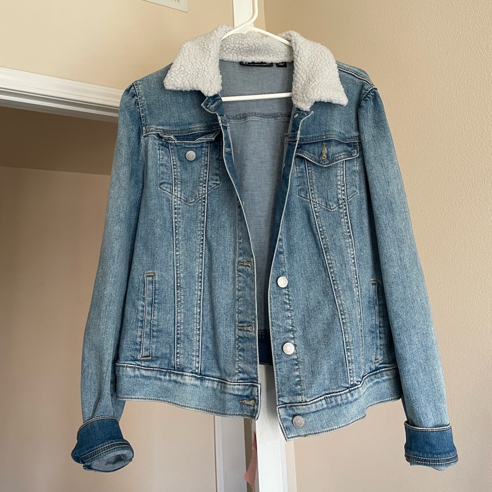 New York & Company Blue Denim Jacket with White Sherpa Collar